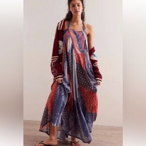 Free People Blue and Red Patchwork Maxi Dress